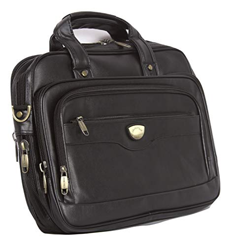 Image of Men's Leather Expandable 06 Zipper Laptop, File Bag and Messenger Bag, Black