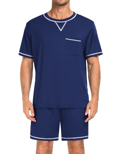 Image of SWOMOG Mens Pajamas Set Summer Sleepwear Short Sleeve Pjs Set Soft 2 Piece Lounge Set Comfy Loungewear with Pockets