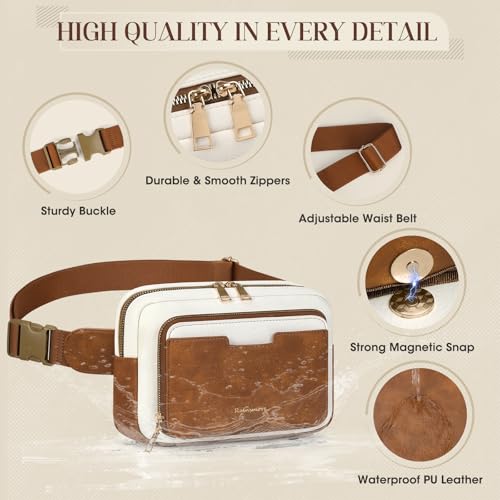 Image of RAINSMORE Fanny Packs for Women, Leather Belt Bag Waterproof Everywhere Crossbody Waist Pack with Adjustable Strap Retro Sling Chest Bag for Work Running Travel Party, Brown with White