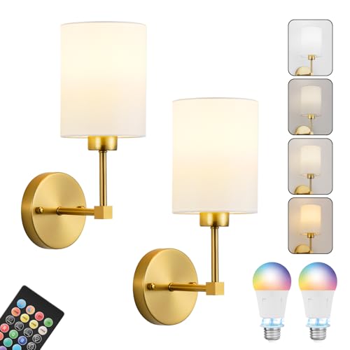 Image of Battery Operated Wall Sconce Set of Two,Wireless Rechargeable Wall Light With Remote Control, Dimmable, 1800K /3000K /4000K /6000K /RGB, Timer, for Living Room, Bedroom, Fireplace, TV, 13.5 Inch, Gold