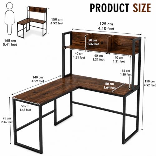 Image of Office Study Table| Reversible L Shaped Corner Workstation Table for Home with Hutch| Computer Desk with Storage Shelves & Bookshelf| Rustic Brown & Black | 140 x 50 x 150 CM