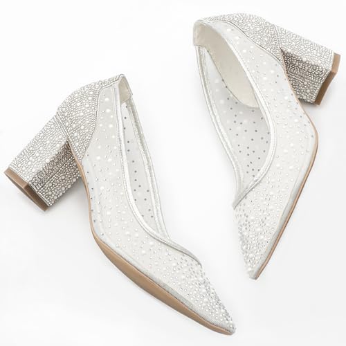 Women's Pointed Toe Silver Rhinestone Mesh Chunky Block Heel Wedding Bridal Shoes4