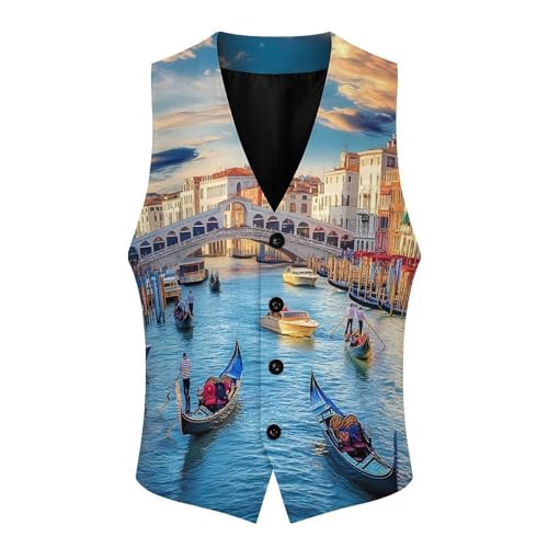 Rialto Bridge And Gondolas in Venice Mens Slim Fit Suit Vest Dress Waistcoat Casual Business Vest4