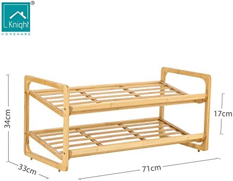 Knight 2 TIER Bamboo Shoe Rack, 100% Natural & Renewable, Super Strong Heavy Duty Durable Wooden Shoe Rack Stand Storage Organiser (2 Tier (L71 x W33 x H34 cm))