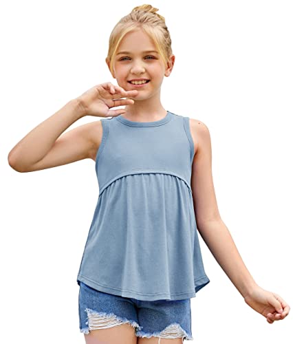 Girls Tank Top Summer Sleeveless T Shirt Ruffle Peplum Flowy Crewneck Casual Cute Tee Blouse Age 5-13 Blue #TOP26