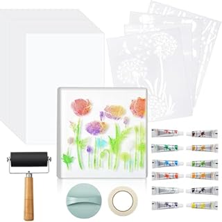 Fegtrtyoa Kit Complete Monoprinting Set- Gel Printing Plate(7 X 7 Inch), Brayer, Acrylic Paint, Paper& Tools for Making Gel Printings