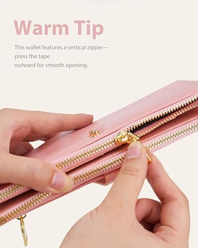 Image of Pink Women's Slim Wallet,Thin RFID Card Holder with Zipper Pocket | 12 Slot Wallet Organizer, Large Capacity, Vegan Leather, Coin Purse, Cash Compartment, Travel Wallet, Women Gift