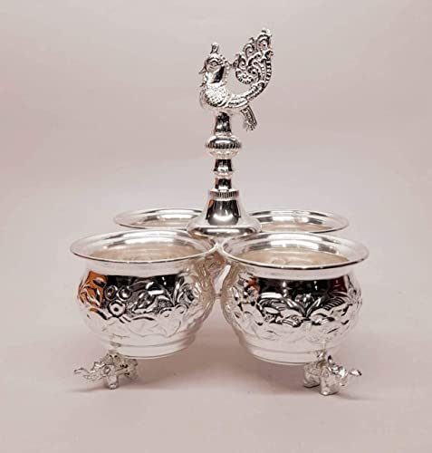 Ornate International Brass Silver Plated Bowl Set And Silver Plated Serving Bowl Set Of 4 Pcs Peacock Handle, 4 Pcs Elephant Base Bass Bowls For Gifts Brass Bowl And Tray Set #TOP1