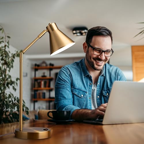Image of O'Bright Astrum - LED Desk Lamp with Dual USB Charging Ports, 100% Metal, 270 Degree Swivel Arms, Soft White Light (3000K), Bedside & Home Office Table Lamp, ETL Listed, Antique Brass Finish