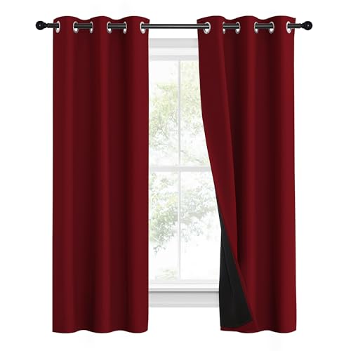 Image of NICETOWN 100% Blackout Curtains with Black Liner Backing, Thermal Insulated Curtains for Living Room, Noise Reducing Drapes for Christmas, Burgundy Red, 37 inch x 60 inch Per Panel, Set of 2