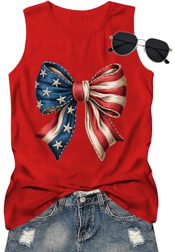 Image of 4th of July Bow Tank Top Women-Vintage American Bow Sleeveless Shirt USA Flag Tee Top Patriotic Tank Top