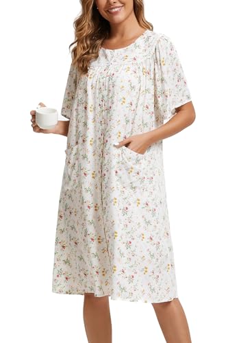 Image of COSUNIONY House Dresses for Women Cotton Short Sleeve House Coat Buttons Down Dusters Robe with Pockets S-XXL