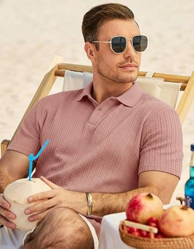 Image of Zilcon Mens Casual Polo Shirt Summer Short Sleeve Vacation Button Beach Knit Stretchy Golf Tshirts