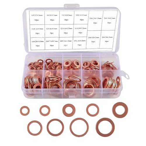 Image of 200 PCS Car Flat Crushed Copper Gasket Classification Kit, M5 M6 M8 M10 M12 M14 9 Specifications Copper Metric Washers, Oil Pan Plug Sealing Gaskets, Universal Accessories for Most Car (Gold)