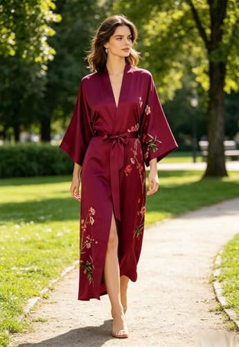 Image of Women's Classic 100% Silk Kimono Robe, Bathrobe-Printed Pattern