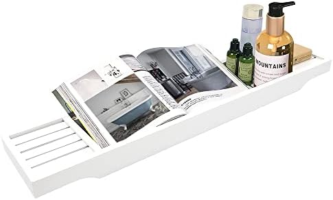 MantraRaj Wooden Bath Caddy Tray Bridge - White Bath Caddy Bamboo Bathtub Tray Rack Tidy Bathroom Shelf Organizer Storage Bath Table for Reading , Tablet, Kindle, Wine Glass Bath Accessories (White)