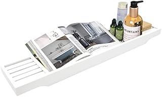 MantraRaj Wooden Bath Caddy Tray Bridge - White Bath Caddy Bamboo Bathtub Tray Rack Tidy Bathroom Shelf Organizer Storage Bath Table for Reading , Tablet, Kindle, Wine Glass Bath Accessories (White)
