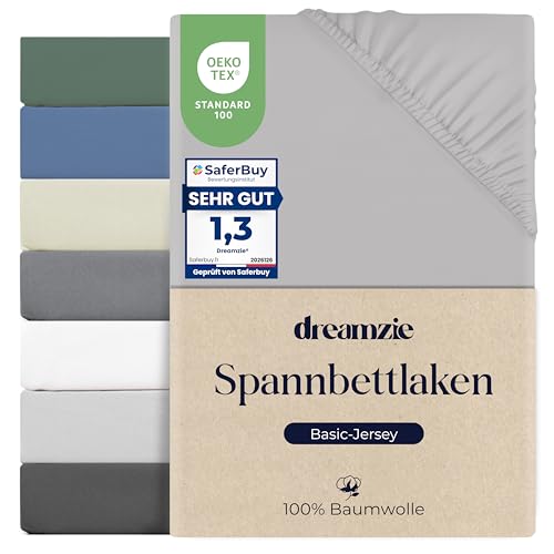 Dreamzie Spannbettlaken 80x160cm 100% Baumwolle Jersey dehnbar Spannbetttuch Bettlaken Steghöhe 15 cm für Matratzen bis 12 cm Oeko-Tex Zertifiziert Hypoallergen Grau