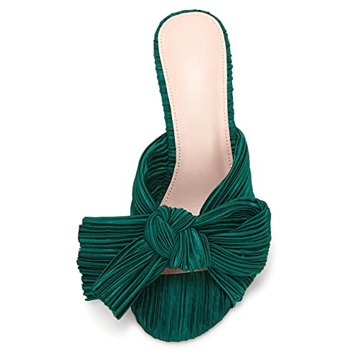 Vetaste Women's Pleated Bow Knot Heeled Sandals Comfortable Slip On Open Toe Block Chunky Heel Slides Bridal Wedding Dress Shoes #TOP3