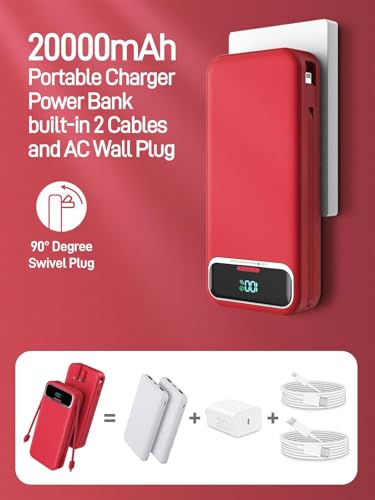 Image of Nusyddy Portable Charger 20000mAh 22.5W w /Built-in Cables & Wall Plug Red | 22.5W Fast Charging, High Capacity, LED Display, Charge 5 Devices at once, TSA Approved, Compatible with iPhone /iPad /Samsung