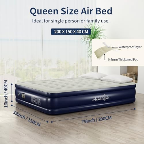 Yxbsalal Air Mattresses with Built in Pump, Fast Inflation/Deflation Inflatable Mattress, Foldable Bed Home, Camping & Guests, 16in Bed Height,Blue, Queen Size
