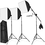 tectake® Set Softbox Luci per Studio Fotografico con Lampada, Set Fotografico 17 pz, Struttura Alluminio, 3 Stativi per Luci, 3 Lampade 6500K led 18 W, 3 Softbox, 1 Stativo a Giraffa, 4 Borse - Nero