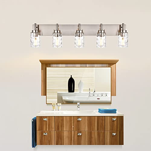 BONLICHT Transitional Vanity Lighting Fixtures Brushed Nickel with Clear Hammered Glass Shade,Farmhouse 5 Light Bathroom Lights Wall Sconces Contemporary Indoor Wall Mount Lights for Kitchen Sink by BONLICHT - Image 8