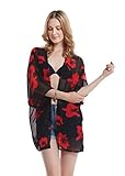 Floral Chiffon Kimono For Women - Lightweight 3/4 Sleeves Beachwear Cover Up Robe Cardigan Bikini Dress(Black&Red,L)