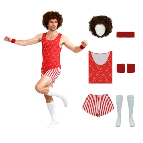 Jaugola Mens Richard Simmons Costume 80s Fitness Instructor Workout Outfit Womens Afro Wig Halloween Party Dress Up Sets 3XL