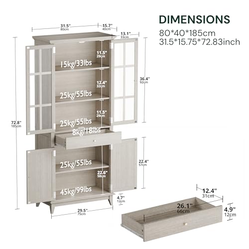 SunsGrove 72.8\" White Oak Bookcase with Glass Doors & Drawer - Adjustable Shelf, Modern Classic Storage for Living Room, Home Office (4 Doors, Floor Standing)