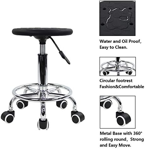 KKTONER PU Foam Rolling Stool with Footrest Height Adjustment Swivel Laboratory spa Salon Tattoo Work Anti-Static Stool Small (Black)