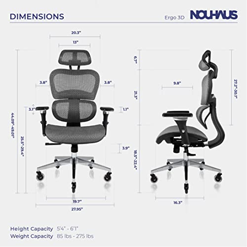 Nouhaus Ergo3D Ergonomic Office Chair - Rolling Desk Chair With 4D Adjustable Armrest, 3D Lumbar Support And Blade Wheels - Mesh Computer /Executive Swivel Chair (Grey) #TOP4