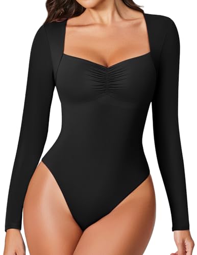 Avidlove Women's Black Long Sleeve Bodysuit Sweetheart Neck Body Suits Tops Fall Going Out Sexy Soft
