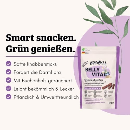 BugBell Softe Knabbersticks für Hunde 60g, Verdauung & Darmflora, Fettreduziert & Vegan, bei Problemen mit Durchfall und Erbrechen, Heidelbeere, Flohsamenschalen, Kamille