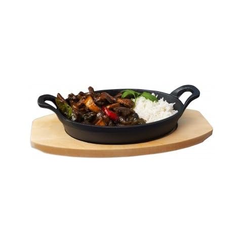 Oval Cast Iron Sizzle Dish with Base, 21cm x 15cm, Grill, Veg, Meat, Starter Cover