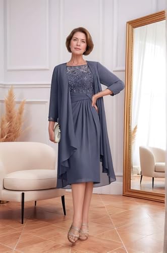 Knee Length Mother of The Bride Dresses for Wedding with Long Sleeve Chiffon Formal Evening Dresses with Jacket4