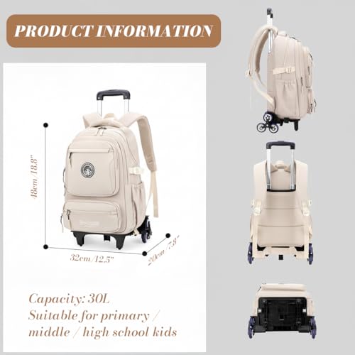 Image of PALAY School Trolley Bag Beige Nylon Trolley School Bags for Boys Girls Waterproof Rolling Backpack for Kids