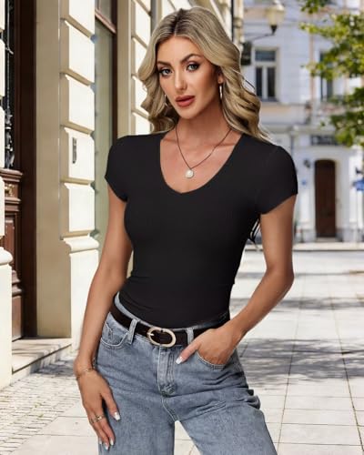RIROW Damen Sommer T-Shirt Basic V-Ausschnitt Kurzarm Rippstoff Figurbetont Slim Fit Atmungsaktiv Elegant Y2K Top Schwarz, L