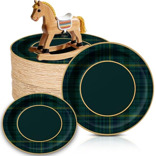 Ferrochef 100 Pcs Green Blue Tartan Plaid Paper Plates We Can Bearly Wait Party Plates Disposable Tableware Decoration for Guests Baby Shower Wedding Birthday Party Supplies(Green,7