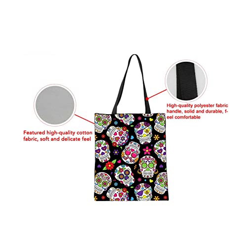 Dolyues Colorful Skull Canvas Shoulder Bag School for Women Men Large Capacity Handbag Tote Bag Foldable Reusable Shopping Bag for Grocery - Image 3