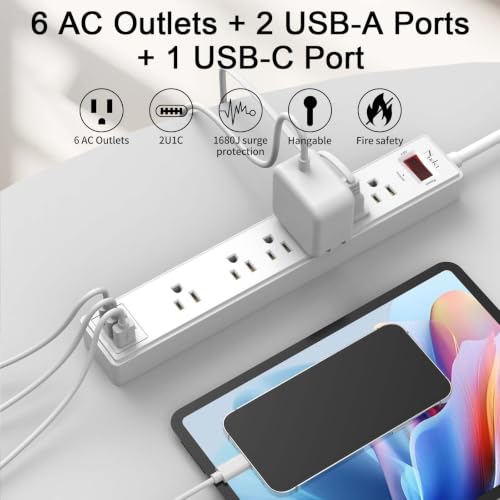 Image of 10Ft Power Strip Surge Protector - Nuetsa Extension Cord with 6 AC Outlets and 3 USB Ports for Home, Office, Dorm Essentials, 1680 Joules, ETL Listed, White