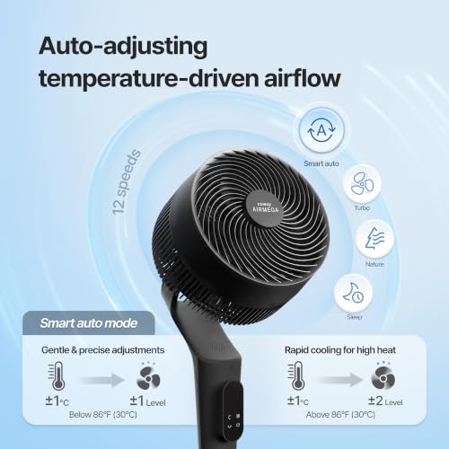 Image of COWAY Airmega P50 Pedestal Fan for Bedroom, Voice Control, 18.5dB Quiet with BLDC Motor, 120+90 Omni-Directional Oscillating, 108ft Airflow, 12 Speeds, Smart Modes, Adjustable Height, Remote, Black