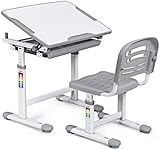 Diroan Kids Multifunctional Desk and Chair Set, Height Adjustable Children School Study Desk with Large Tilt Desktop, Metal Hook and Storage Drawer for Boys Girls, Grey