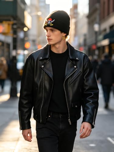 Image of Embroidered Skeleton Beanie Hat Winter Stretch Knit Skull Cap for Men Women