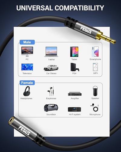 Image of FEDUS Aux Cable for Speakers, Aux Extension Cable, 3.5 mm Male to Female Audio Cable with Microphone 1 Meter TRRS 4 Pole Stereo Audio Extender Cord Aux Cable for Car, Earphone, Headphone, Phone,Tablet