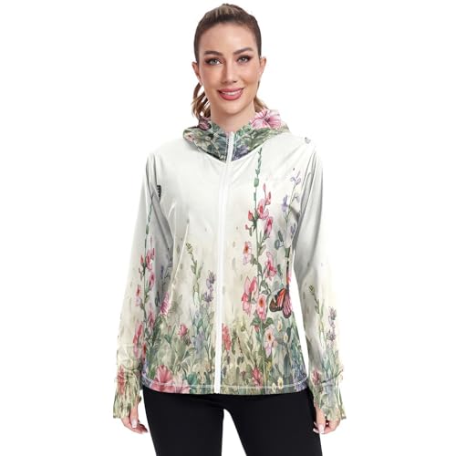 Kigai Flower Women's UPF 50+ Sun Protection Hoodie Jacket with Pocket Zip Long Sleeve Sun Shirt for Gardening Hiking Outdoor