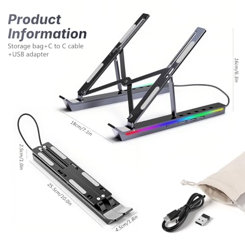 Image of ZORBES RGB Laptop Riser Stand Desk Support, Folding Aluminum Alloy Laptop & Tablet Stand with 4 USB Ports, 8-Level Adjustable Height, Anti-Slip & Ergonomic Heat-Dissipating Laptop Riser, Plug and Go