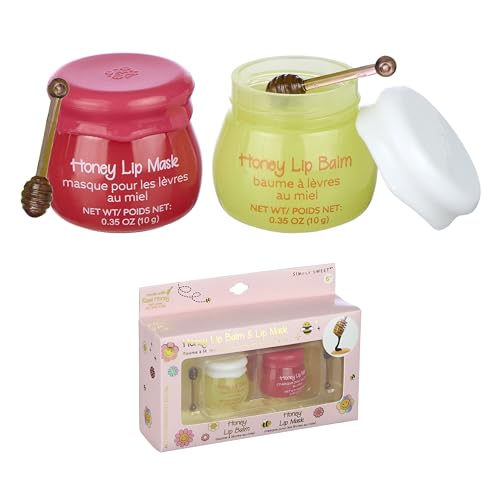 2pc Honey Lip Balm & Lip Mask Set -Simply Sweet Real Honey Jar w/Dipper Applicator Sticks | Safe and Non-Toxic Lip Gloss Gift Set For Girls
