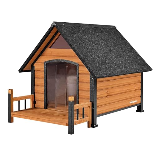 Aivituvin Outdoor Hundehaus, Wasserdichtes Welpen Schutzhaus, Indoor Hundehütte mit erhobenem Boden, beißgeschütztes Design, für kleine bis mittlere Hunde mit Veranda (Braun, L)
