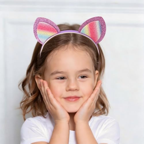 Srotmirw 6 Pack Glitter Cat Ears Headbands with Rounded Protective Cover, Sparkly Gradient Rainbow Kitty Ear Hair Hoops for Girls and Women, Party Decorations for Cosplay, Halloween and Birthday - 2